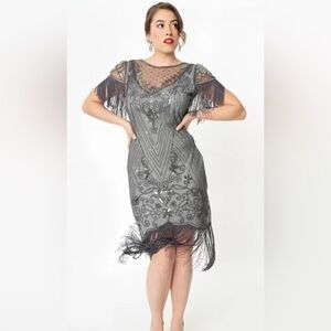 Unique Vintage 1920s Grey Beaded Nadine Flapper Dress
